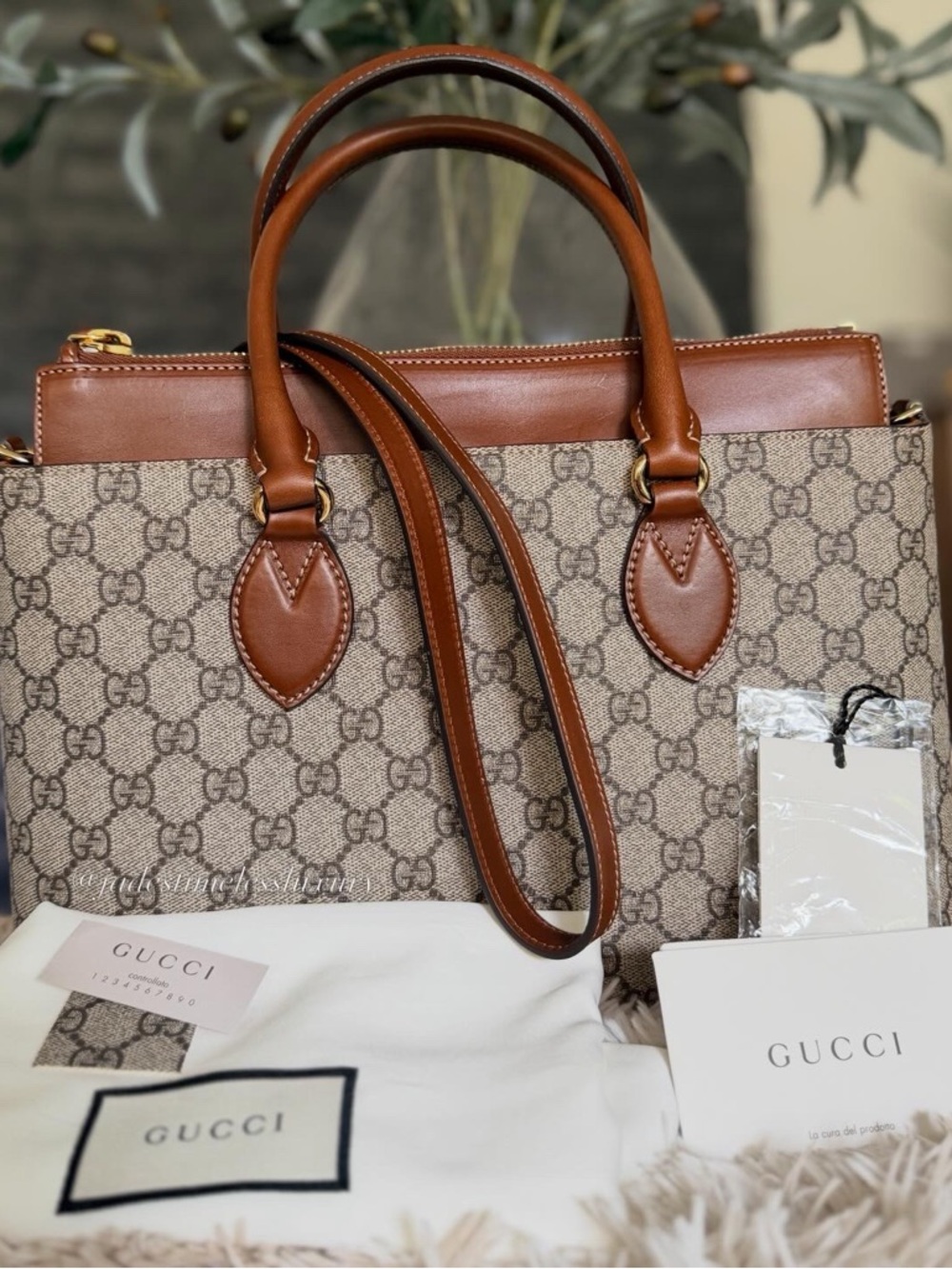 Gucci Beige GG Supreme Canvas Tote with Brown Leather Trim